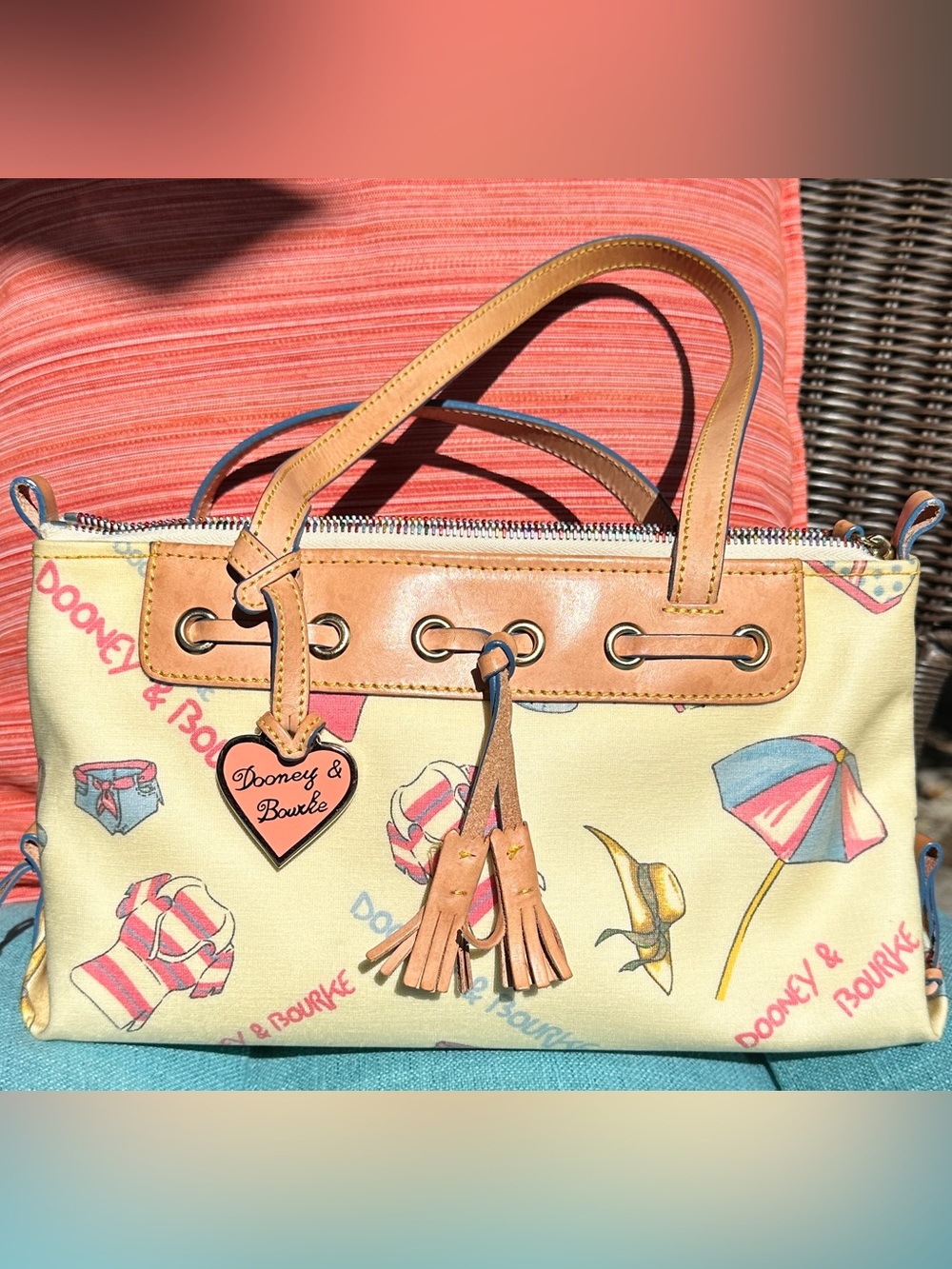 Dooney & Bourke Yellow Printed Canvas Shoulder Tote with Tan Leather Trim